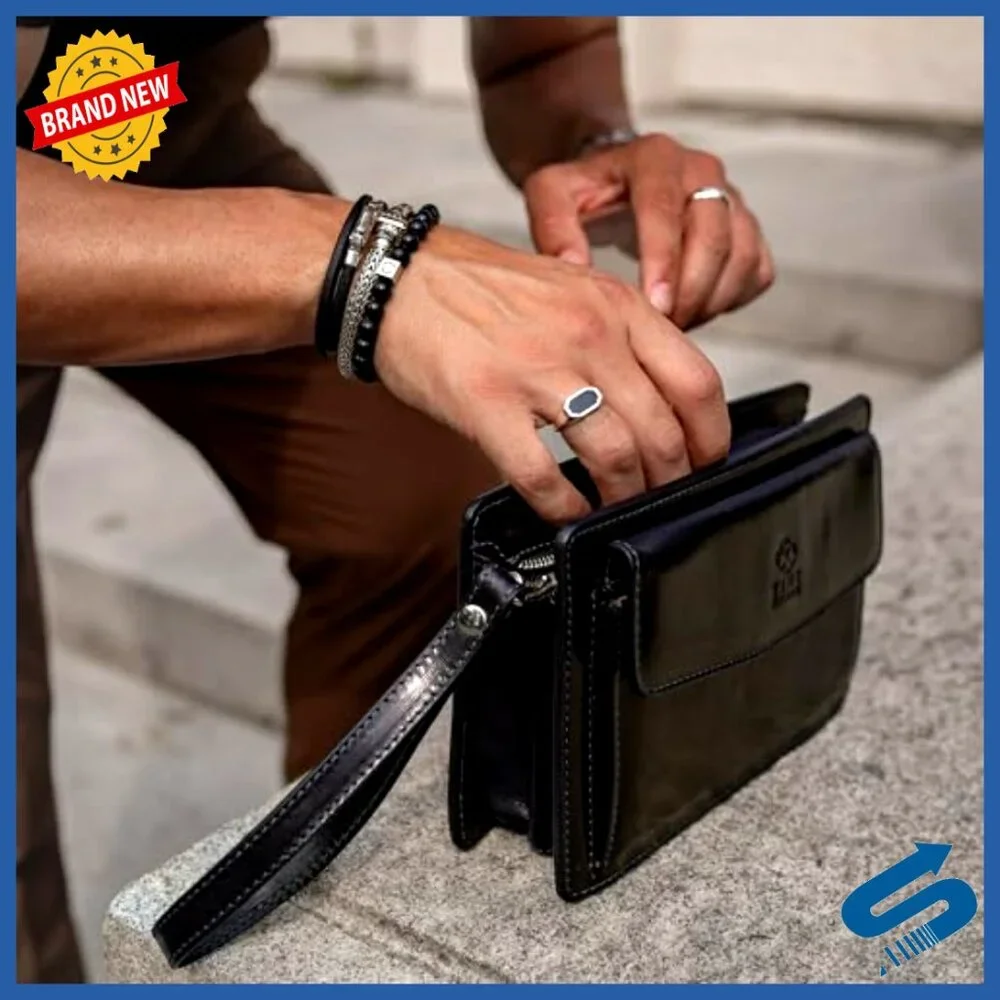 Full-Grain Leather Clutch with Wrist Strap, Detachable Band, Multiple Pockets